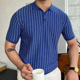 Mens Business Slim Fit Blue Stripe Short Sleeves Lapel Polo Knit Top