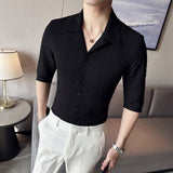 Men's Cuban Collar Business Long Sleeve Plaid Shirt