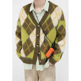 Men Green Rhombus Long Sleeve Short Knit Cardigan