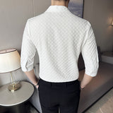 Men's Cuban Collar Business Long Sleeve Plaid Shirt