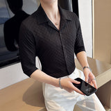 Men's Cuban Collar Business Long Sleeve Plaid Shirt