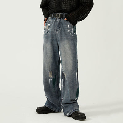 Men's Casual Ripped Irregular Graffiti Wide Leg Jeans