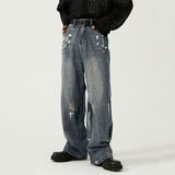 Men's Casual Ripped Irregular Graffiti Wide Leg Jeans