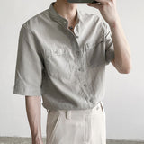Men's Stand Collar Half Sleeve Cotton Linen Shirt White Work Shirts
