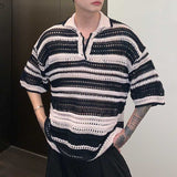 Multicolored Cutout Lapel Striped Polo T-Shirt