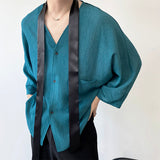 Men's Casual Pleated Tie Decorative V-neck Three-quarter Sleeves Shirt