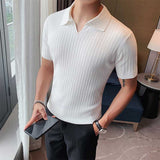 Men's Business British Striped Knitted Polo Shirt V Lapel Short-sleeved Slim Fit T-shirt