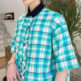 Men's Fungus Lace Blue Check Loose Short Sleeve Shirt